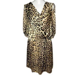 REEM Silk Cape Cowl Neck Cheetah Animal Print Gold/Black Medium Dress Sz Large